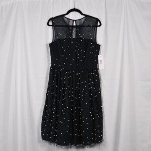 Maggy London Illusion Neckline Navy Party Dress with White & Blue Pearls Size 8